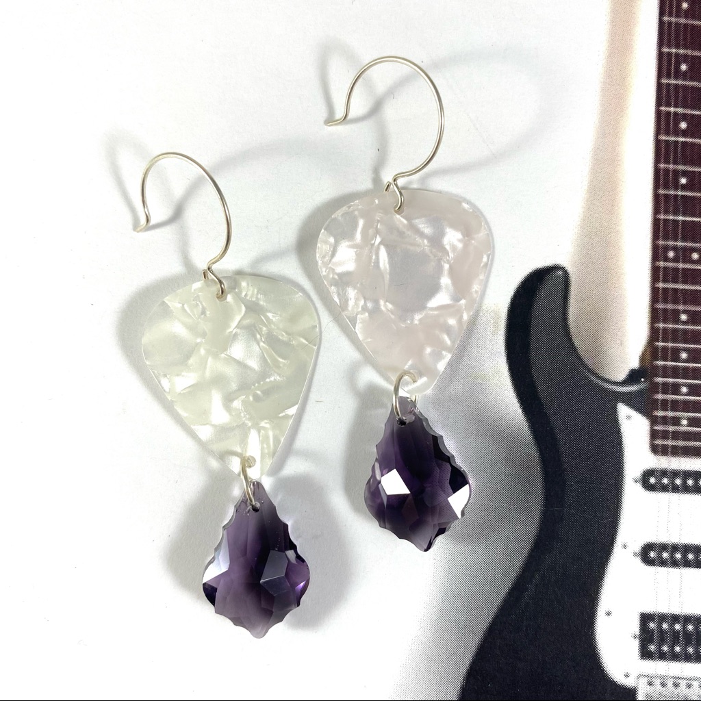 Pearl White Guitar Pick Earrings With Purple Crystal Drops